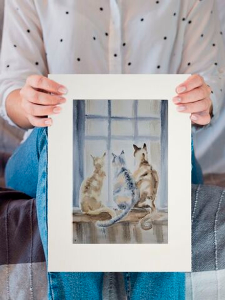 Картина авторская акварельная в паспарту 30х40 см на стену для интерьера "Кошки на окошке"