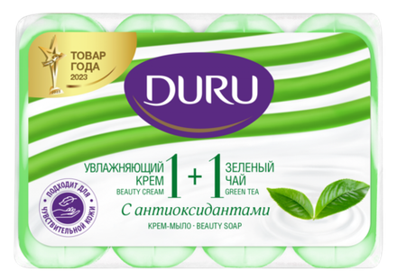 DURU Крем-мыло туалетное, Зеленый чай, мультипак, 320гр, (4шт по 80гр), блок 12шт., ДУРУ
