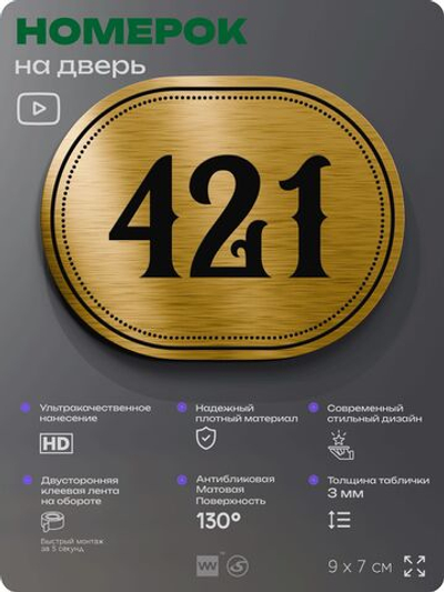 Номерок на дверь квартиры 421, для кабинета, офиса, шильдик 9 х 7 см, золотистый, Айдентика Технолоджи