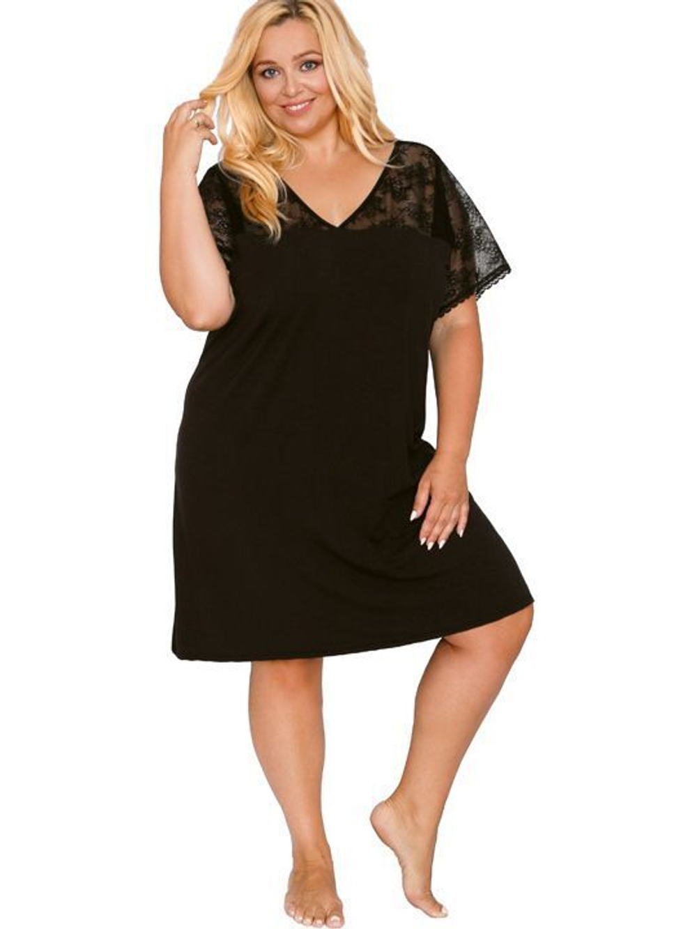 Сорочка с V-образным вырезом и кружевами (Размер: XXXL) (Цвет: черный)