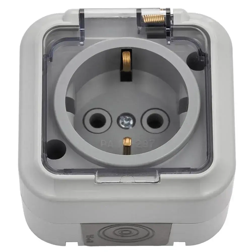 Розетка накладная с крышкой, влагозащищённая с заземлением "ПРАЛЕСКА АКВА", серый/прозрачный