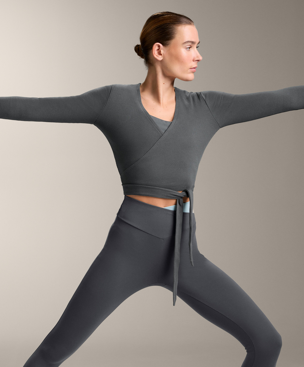 Oysho Футболка с длинными рукавами на запахе в рубчик, темно-серый