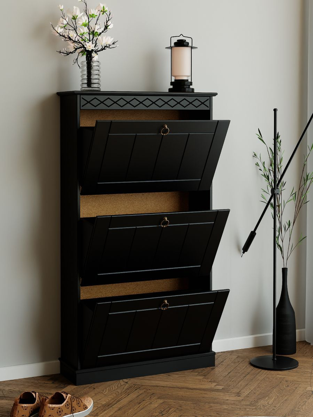 Обувница для прихожей Индра, 3 двери, 123х66х21, черный