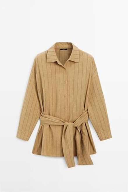 Massimo Dutti Рубашка свободного кроя в полоску с поясом, горчично-желтый