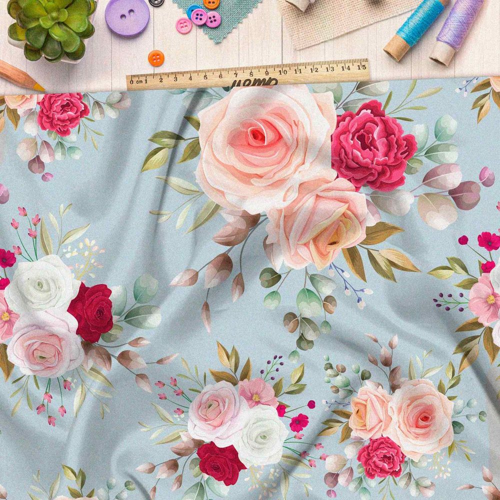 Ткань саржа розы на голубом