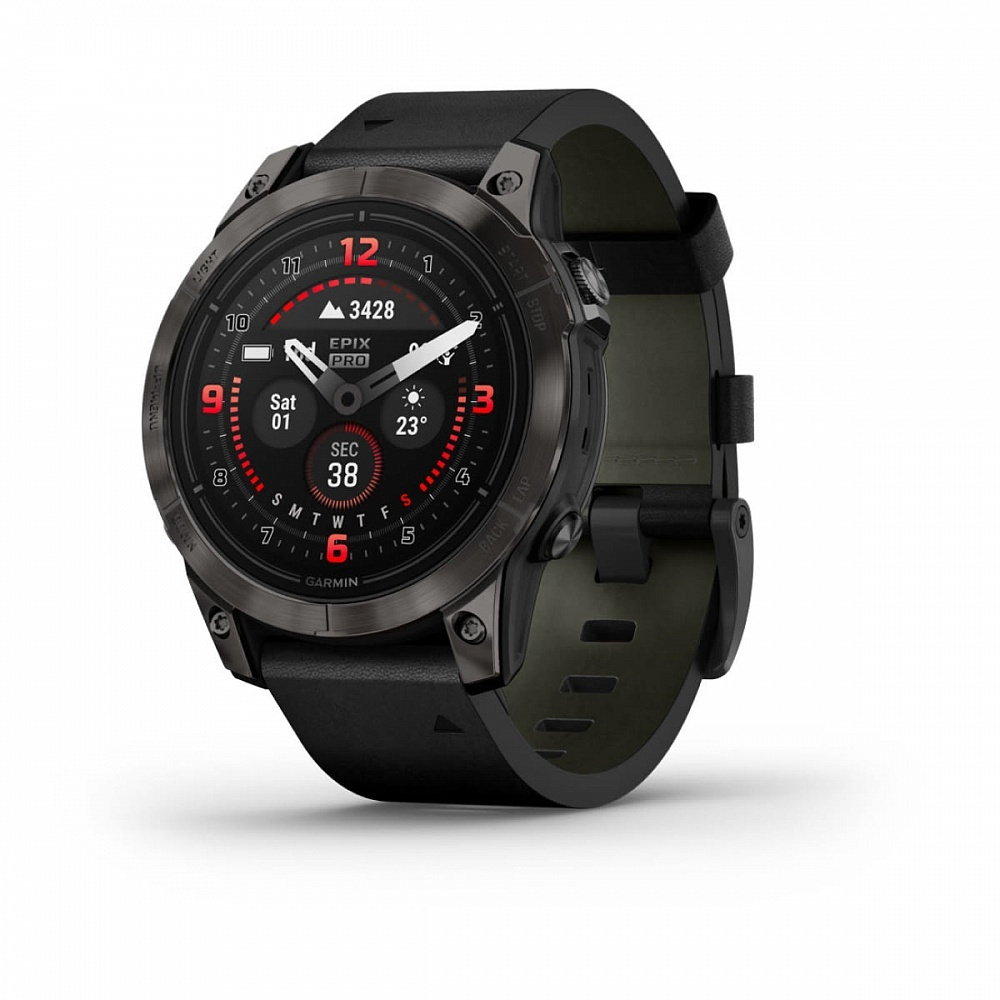Смарт-часы Garmin Epix Pro (Gen 2) Sapphire Edition 47 мм, титановый, угольно-серый DLC, черный кожаный ремешок , 010-02803-30