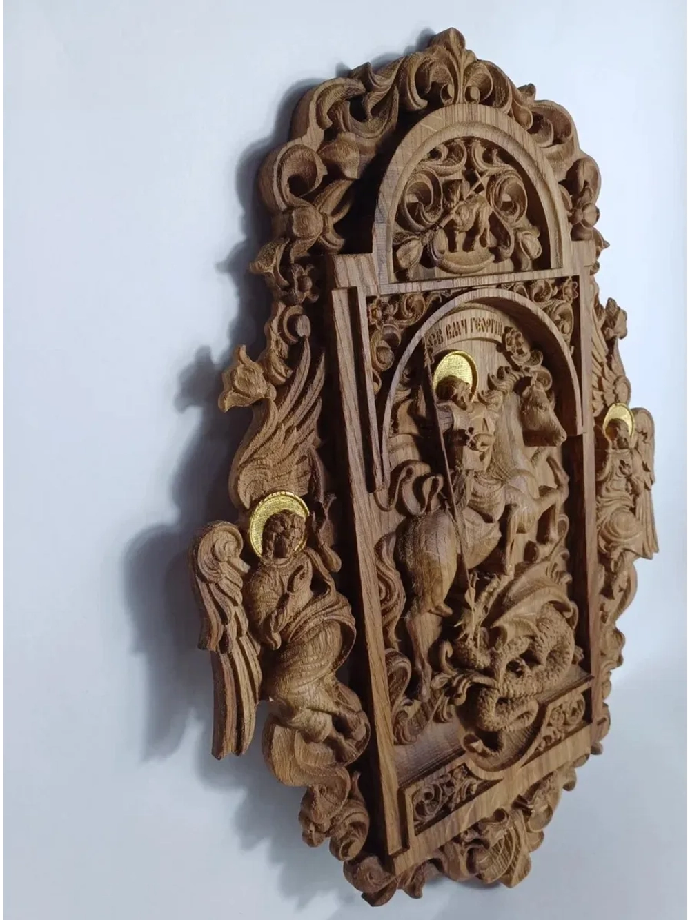 Освященная Икона Георгий Победоносец резная рама из дуба