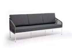 "Канны" диван 3-местный плетеный из роупа, каркас алюминий белый муар, роуп светло-серый круглый, ткань серая 017