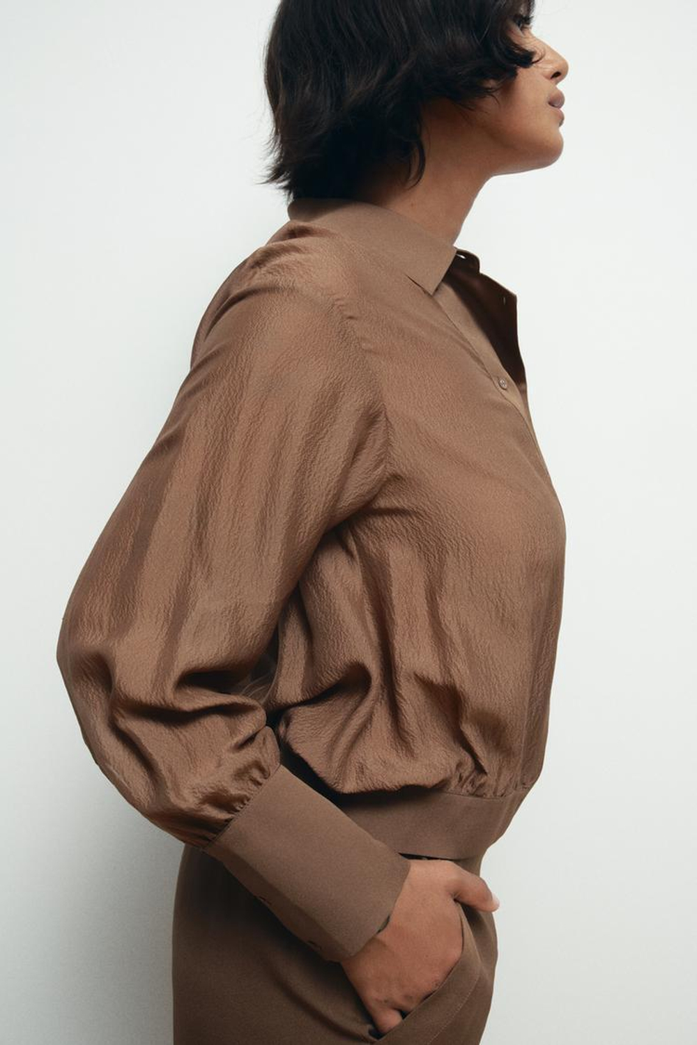 ZARA РУБАШКА ИЗ 100% ШЕЛКА С ДВОЙНЫМ РЯДОМ ПУГОВИЦ, КОРИЧНЕВЫЙ