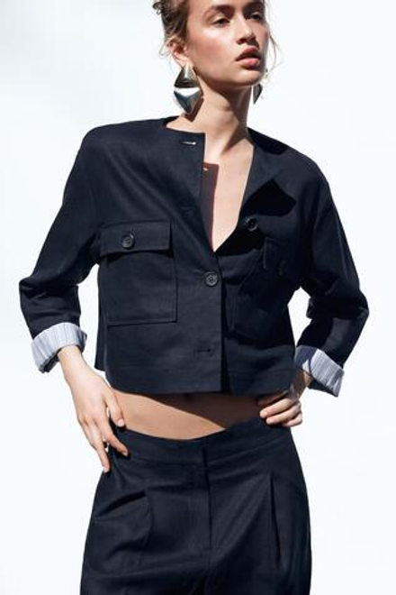 ZARA УКОРОЧЕННАЯ КУРТКА ИЗ СМЕСОВОГО ЛЬНА, МОРСКОЙ СИНИЙ