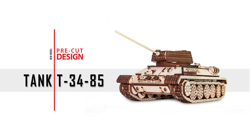 Механический Танк Т-34-85 (EWA) - Деревянный конструктор, 3D пазл, сборная модель на резиномоторе