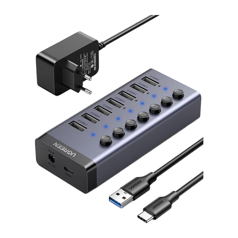USB-Хаб Ugreen (USB-C) с внешним питанием (CM481) Подключение: съёмный кабель USB-C — USB-A, DC. Порты: 7 USB-A 3.2 Gen 1