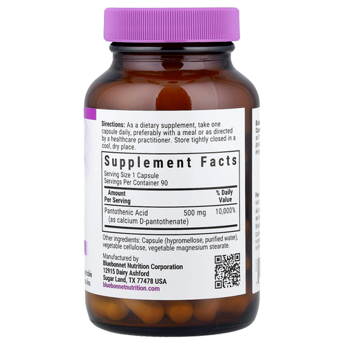 Bluebonnet Nutrition, Пантотеновая кислота, 500 мг, 90 растительных капсул
