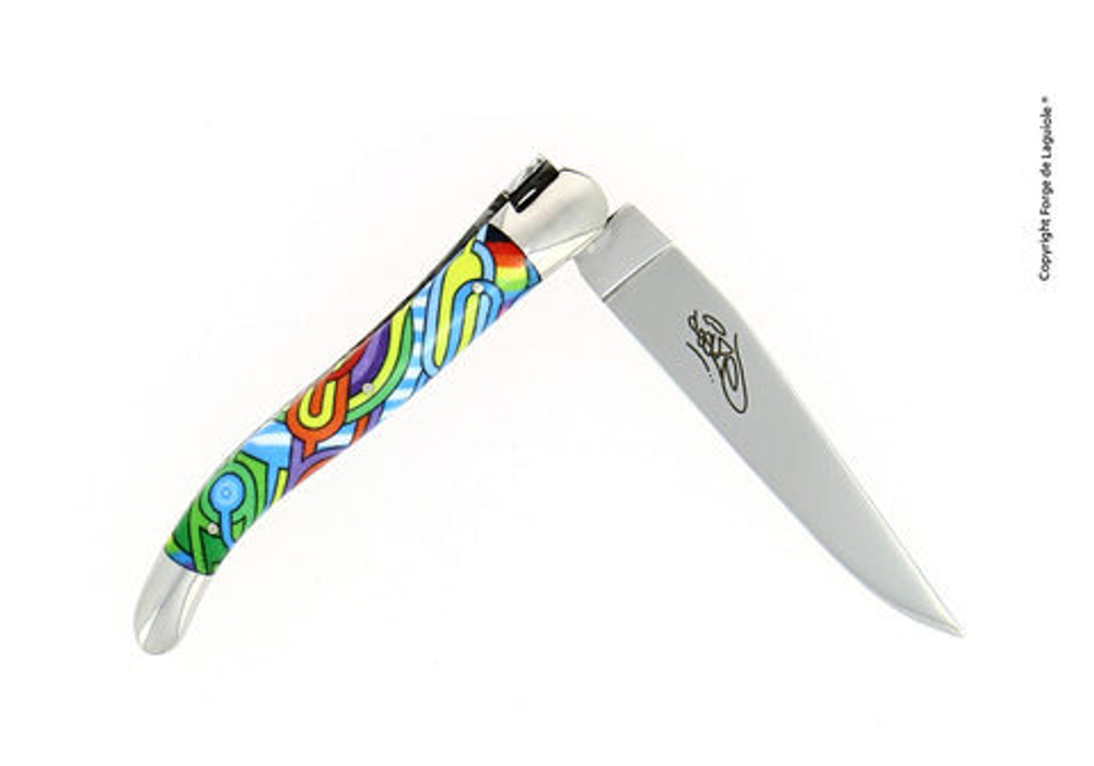 Folding knife, 11 cm blade, 2 stainless steel bolsters, shiny finish, acrylic handle, Antares design