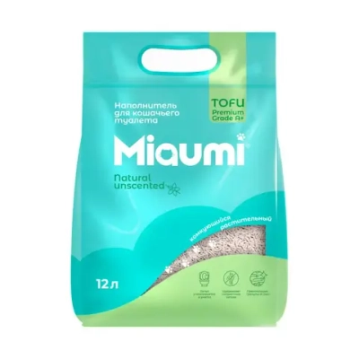 Miaumi tofu natural unscented наполнитель комкующийся соевый для кошачьего туалета, без ароматизатора - 12 л (5 кг)