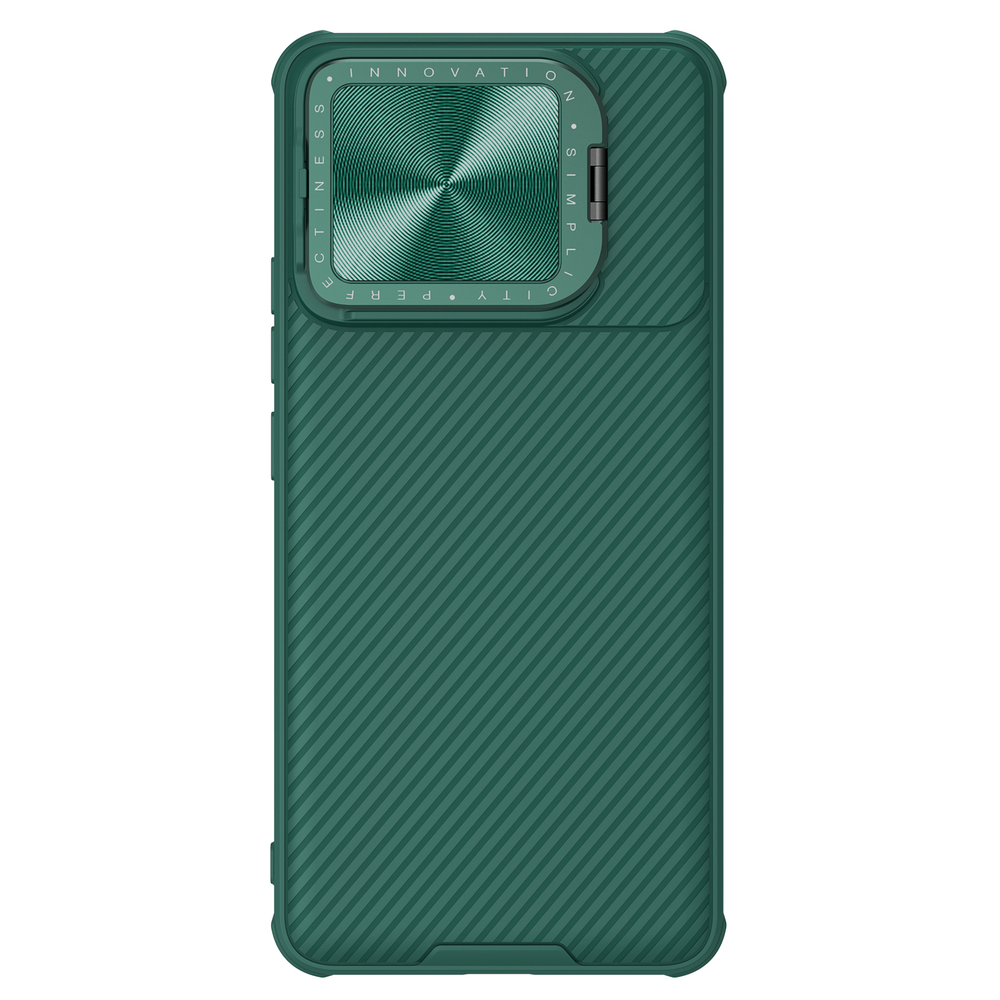 Чехол зеленого цвета (Deep Green) от Nillkin для Xiaomi Poco F6 Pro с металлической откидной крышкой и поддержкой магнитной беспроводной зарядки MagSafe, серия CamShield Prop Magnetic