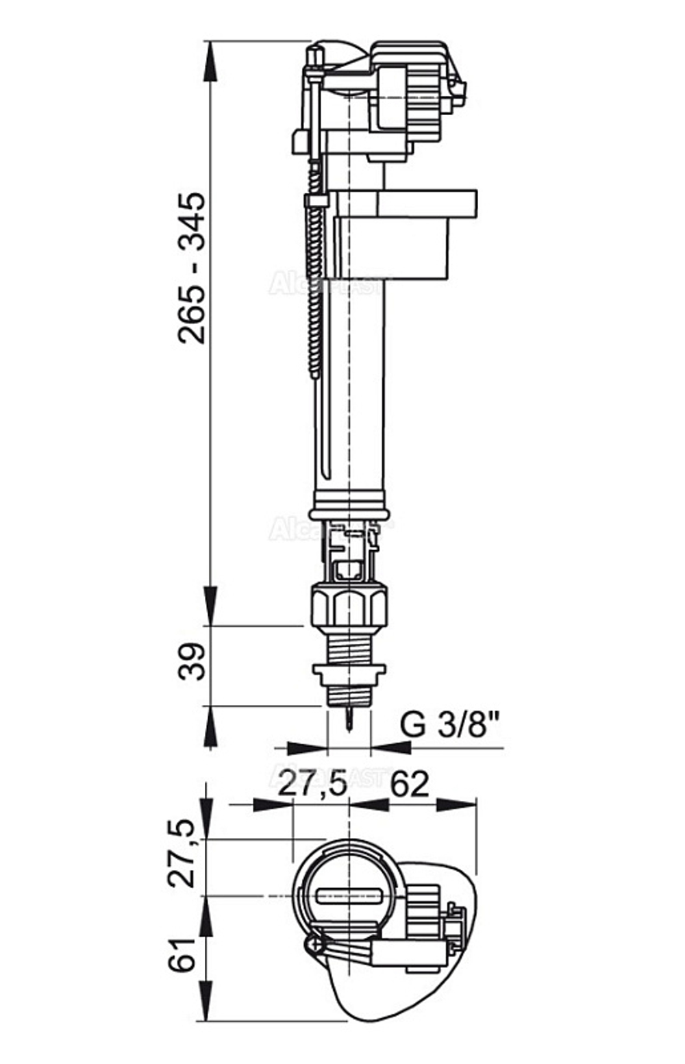 Впускной механизм Alcaplast ,с нижней подводкой, с металлической резьбой 3/8" (A18-3/8")