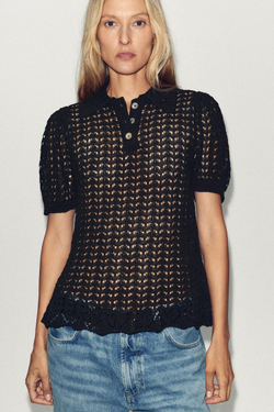 ZARA ТРИКОТАЖНЫЙ ТОП ПОЛО С АЖУРНЫМ УЗОРОМ, ЧЕРНЫЙ