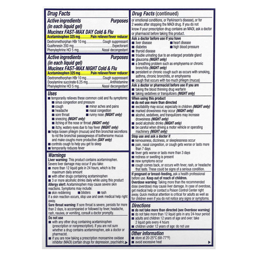 Mucinex, Fast-Max Day/Night, от простуды и гриппа, максимальная сила действия, для детей от 12 лет, 24 капсулы с жидкостью