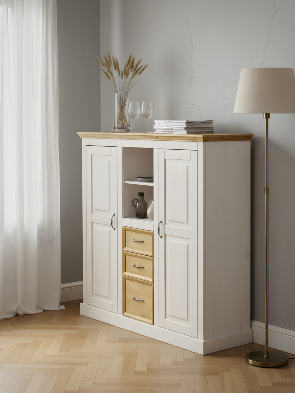 Тумба в гостиную Ландхаус 130х38х130 см, белый комод из массива сосны с 3 ящиками