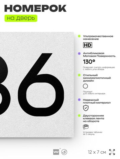 Номер на дверь 236, табличка на дверь для офиса, квартиры, кабинета, аудитории, склада, белая 120х70 мм, Айдентика Технолоджи
