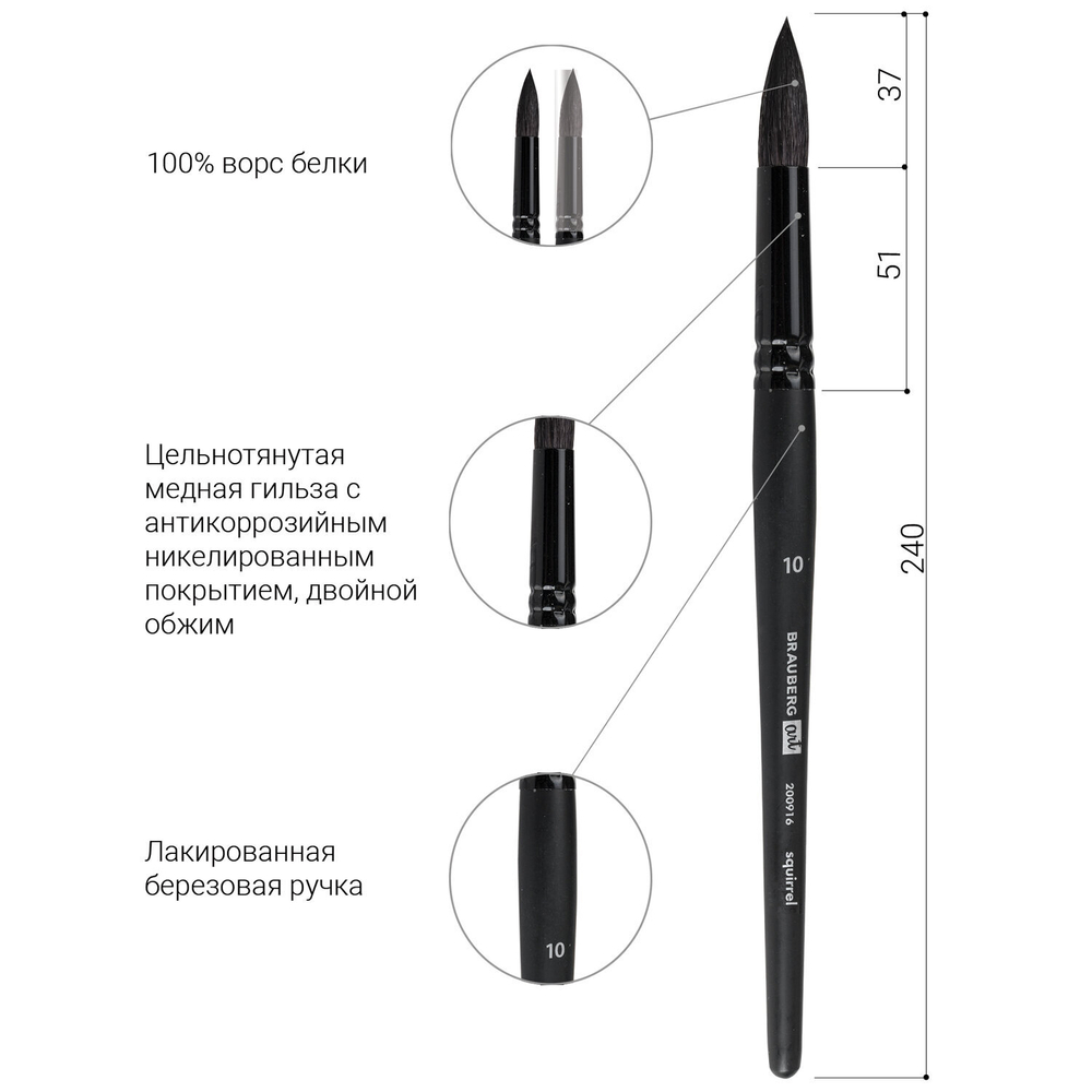 Кисть художественная проф. BRAUBERG ART CLASSIC, белка, круглая, № 10, 200916