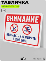 Табличка для бассейна "Внимание, не плавать, не нырять в этой зоне", на пляж, для общественной и частной зоны отдыха, информационная, 40х30 см, Silver Plane x Айдентика Технолоджи