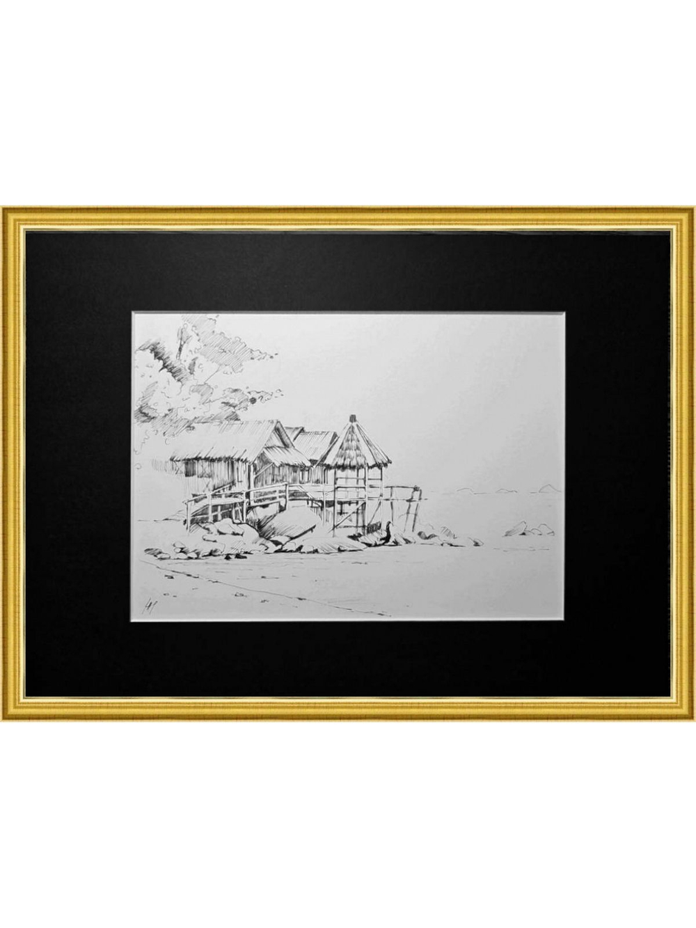 Картина, графика в паспарту 21х30 см на стену для интерьера "Хижины на сваях"
