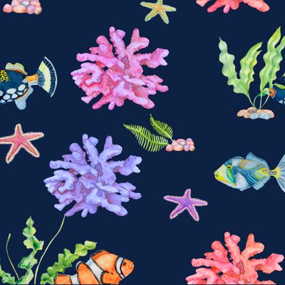 Seamless pattern sea depths. fish and corals on a blue background.