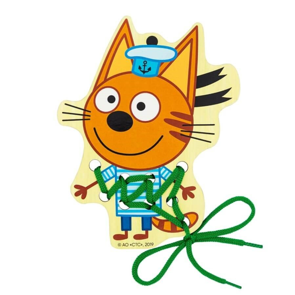 Шнуровка Коржик "Три кота", развивающая игрушка для детей, обучающая игра из дерева
