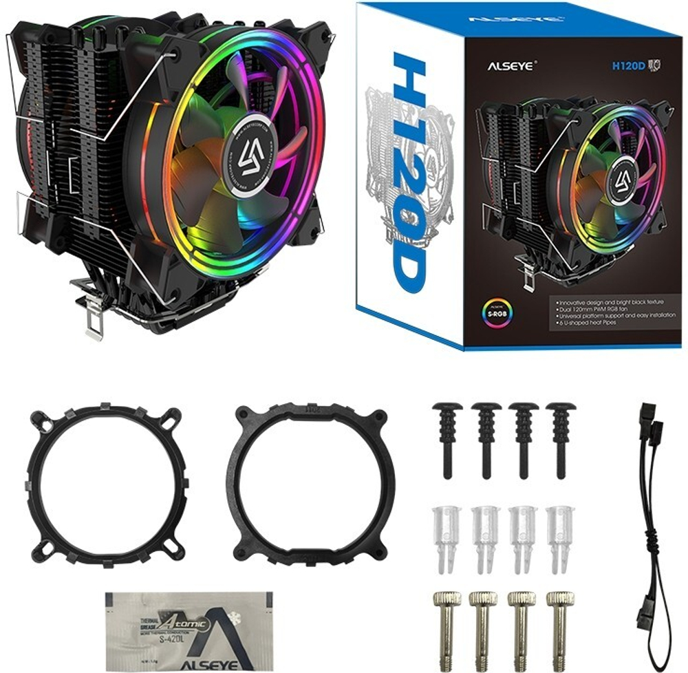 Кулер для CPU Alseye H120D V2.0, 2х120мм, 800-2000rpm, 4-pin, Al+Cu, черный/FRGB, 42.5CFM, 35.2дБ, 6-PIPE(прямой контакт), TDP 200Вт, INTEL 1700/1200/115x/775/2011, AMD AM5/AM4/AM3(+)/AM2(+)/FM2(+)/FM1, безвинтовое креплнение (AS.01.02.0009)