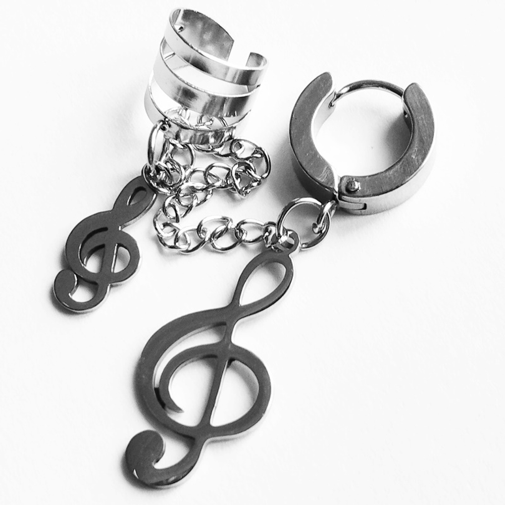 Серьга кольцо с клипсой на цепочке "Скрипичный ключ" для пирсинга уха. Медицинская сталь. Цена за набор.