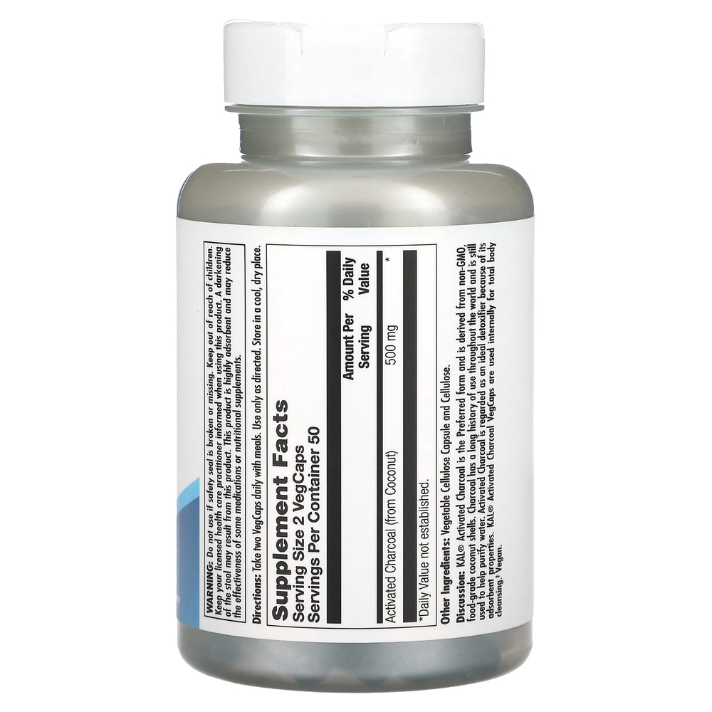 KAL, активированный уголь, 100 растительных капсул (250 мг в каждой растительной капсуле)