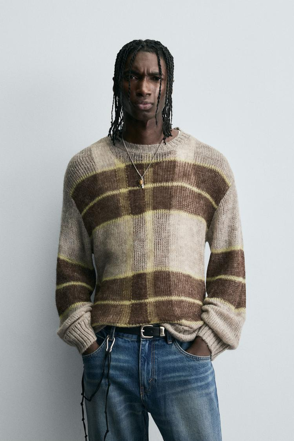 ZARA ТРИКОТАЖНЫЙ ДЖЕМПЕР В ПОЛОСКУ, СЕРОВАТО-КОРИЧНЕВЫЙ