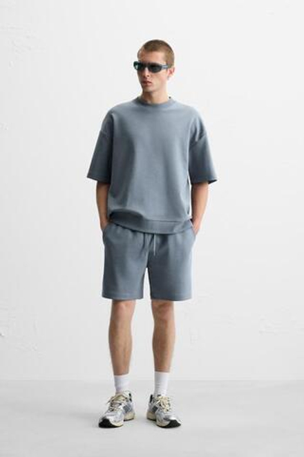 ZARA ШОРТЫ INTERLOCK ИЗ РЕЛЬЕФНОЙ ТКАНИ, ВЫЦВЕТШИЙ СИНИЙ