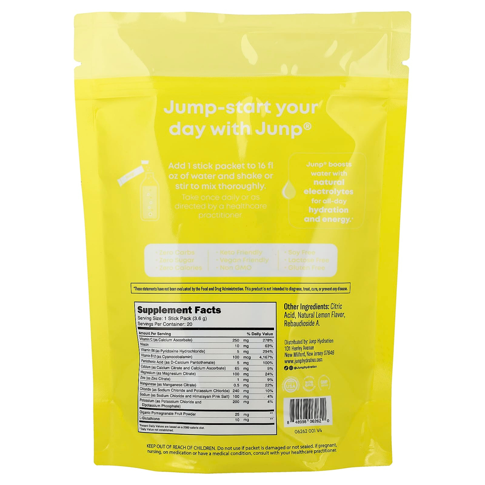 JUNP Hydration, электролитная порошковая смесь, со вкусом лимона, 20 пакетиков по 3,6 г (0,13 унции)