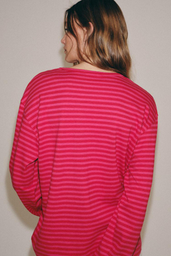 ZARA ФУТБОЛКА В ПОЛОСКУ ИЗ ХЛОПКА И ЛЬНА, РОЗОВЫЙ/ЛИЛОВЫЙ