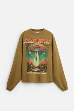 ZARA ТОЛСТОВКА С КОНТРАСТНЫМ ПРИНТОМ, ТЕМНО-КОРИЧНЕВЫЙ