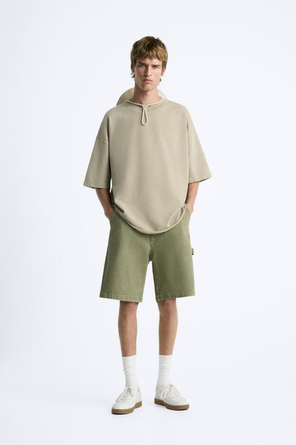 ZARA ТОЛСТОВКА В СТИЛЕ OVERSIZE С ПОТЕРТЫМ ЭФФЕКТОМ, СВЕТЛЫЙ ХАКИ