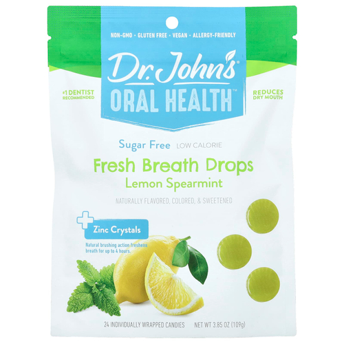 Dr. John's Healthy Sweets, Oral Health™, капли для свежести дыхания, с кристаллами цинка, лимон и мята, без сахара, 24 конфеты в индивидуальной упаковке, 109 г (3,85 унции)