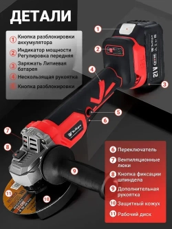 Болгарка аккумуляторная безщеточная УШМ 125 мм в кейсе 3 Ам*ч 21В 2 АКБ шлифмашина