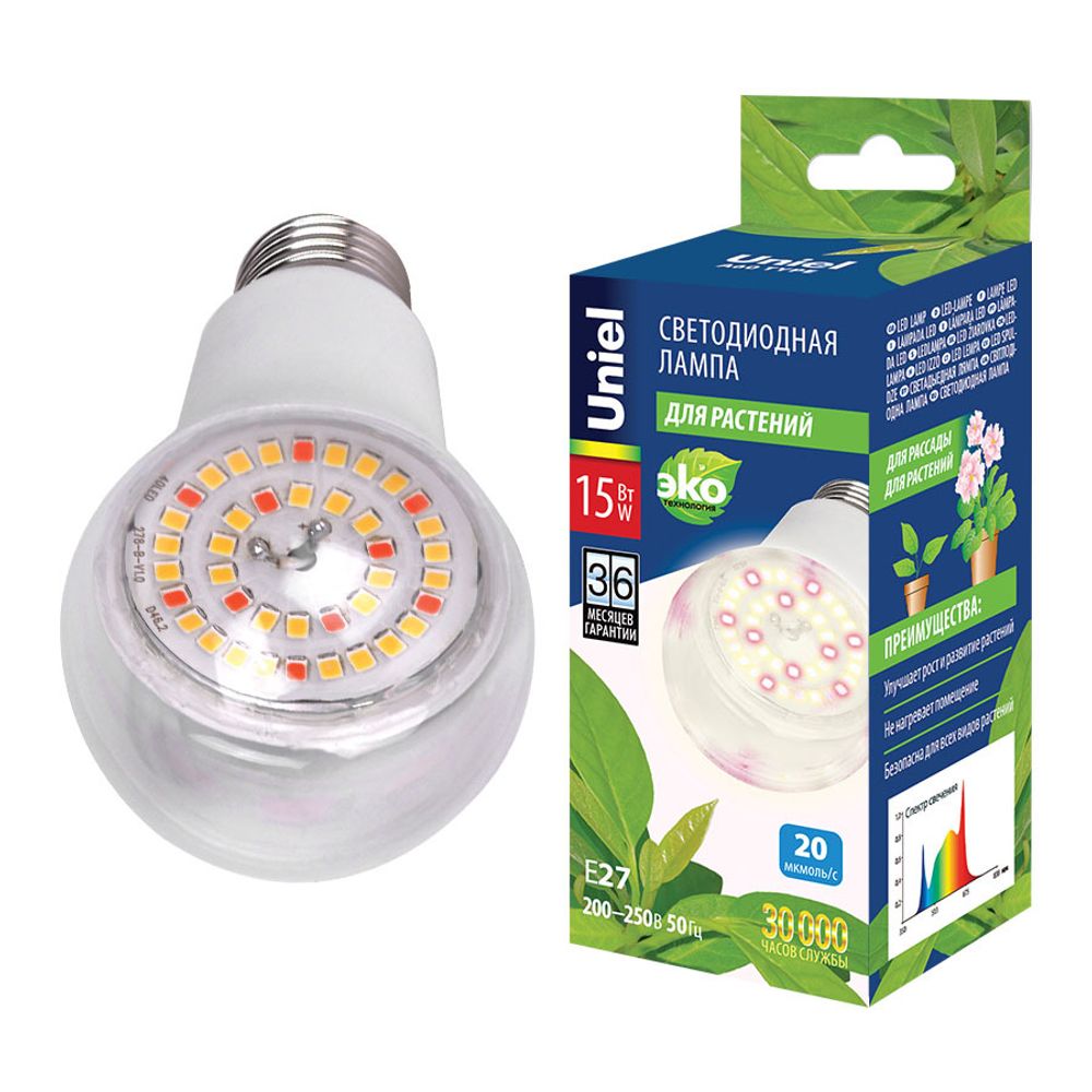 LED-A60-15W/SPFB/E27/CL PLP30WH Лампа светодиодная для растений. Форма A, прозрачная. Спектр для фотосинтеза. Картон. ТМ Uniel