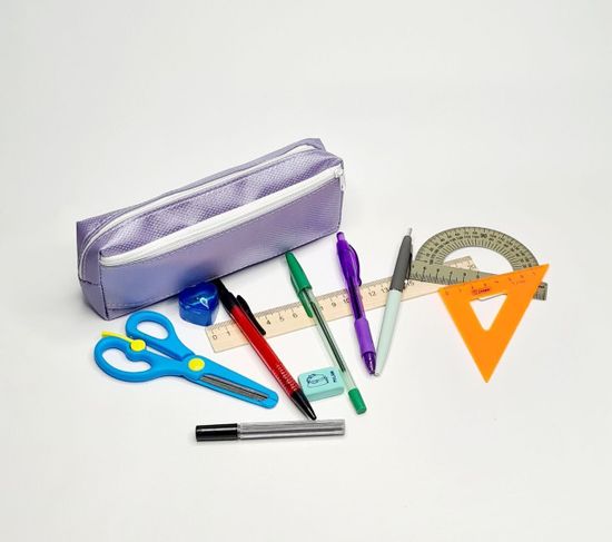 Школьный пенал с 2 отделениями, сиреневый, 11 предметов