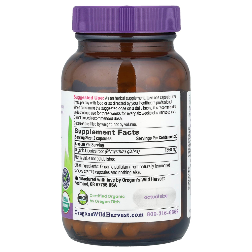 Oregon's Wild Harvest, Органическая солодка, 90 органических веганских капсул (450 мг на капсулу)