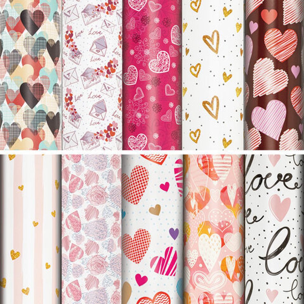 Бумага упаковочная "Love Story", 70x100 см, 10 дизайнов ассорти, ЗОЛОТАЯ СКАЗКА, 591916, 1шт
