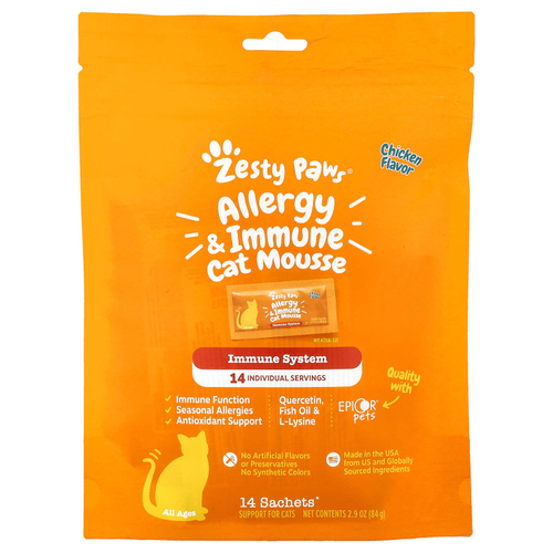 Zesty Paws, Мусс для кошек против аллергии и иммунитета, для кошек, для всех возрастов, с курицей, 14 пакетиков по 6 г (0,2 унции)
