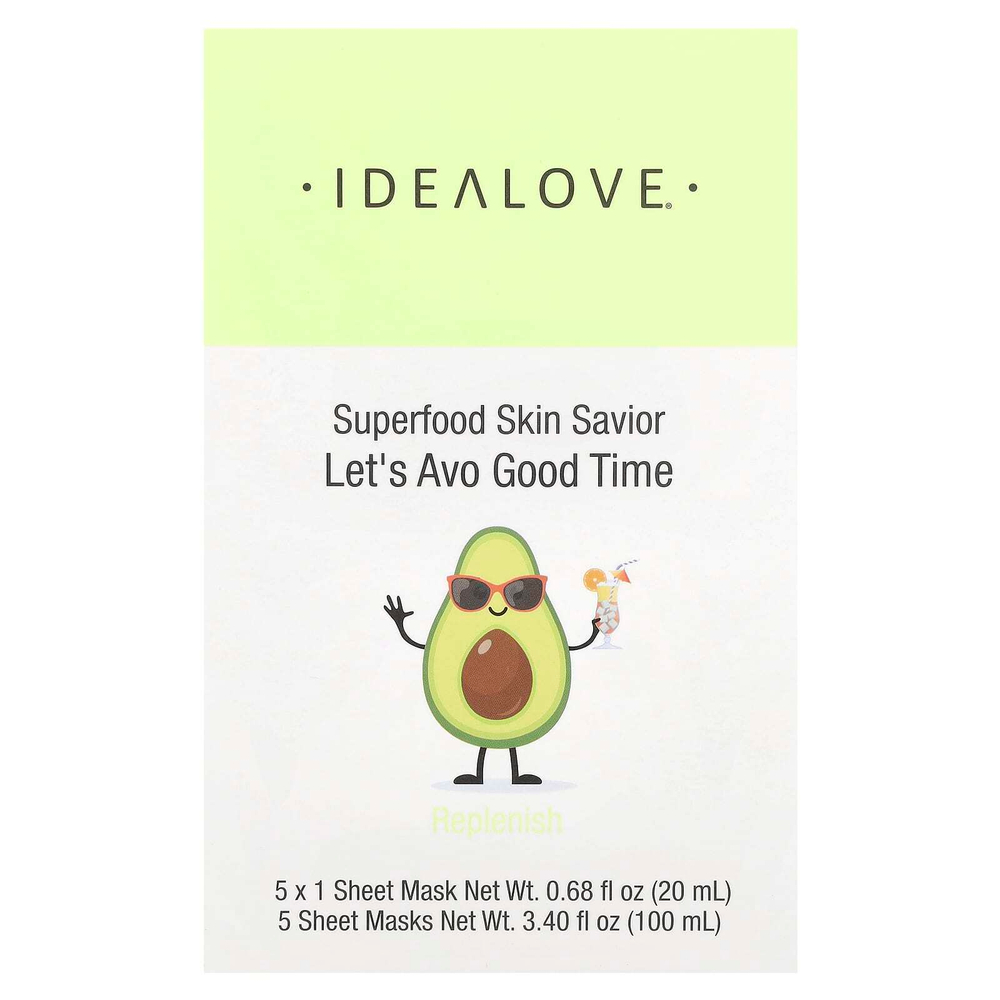 Idealove, Superfood Skin Savior, маска для лица с суперфудами, авокадо, 5 шт. по 20 мл (0,68 жидк. унции)