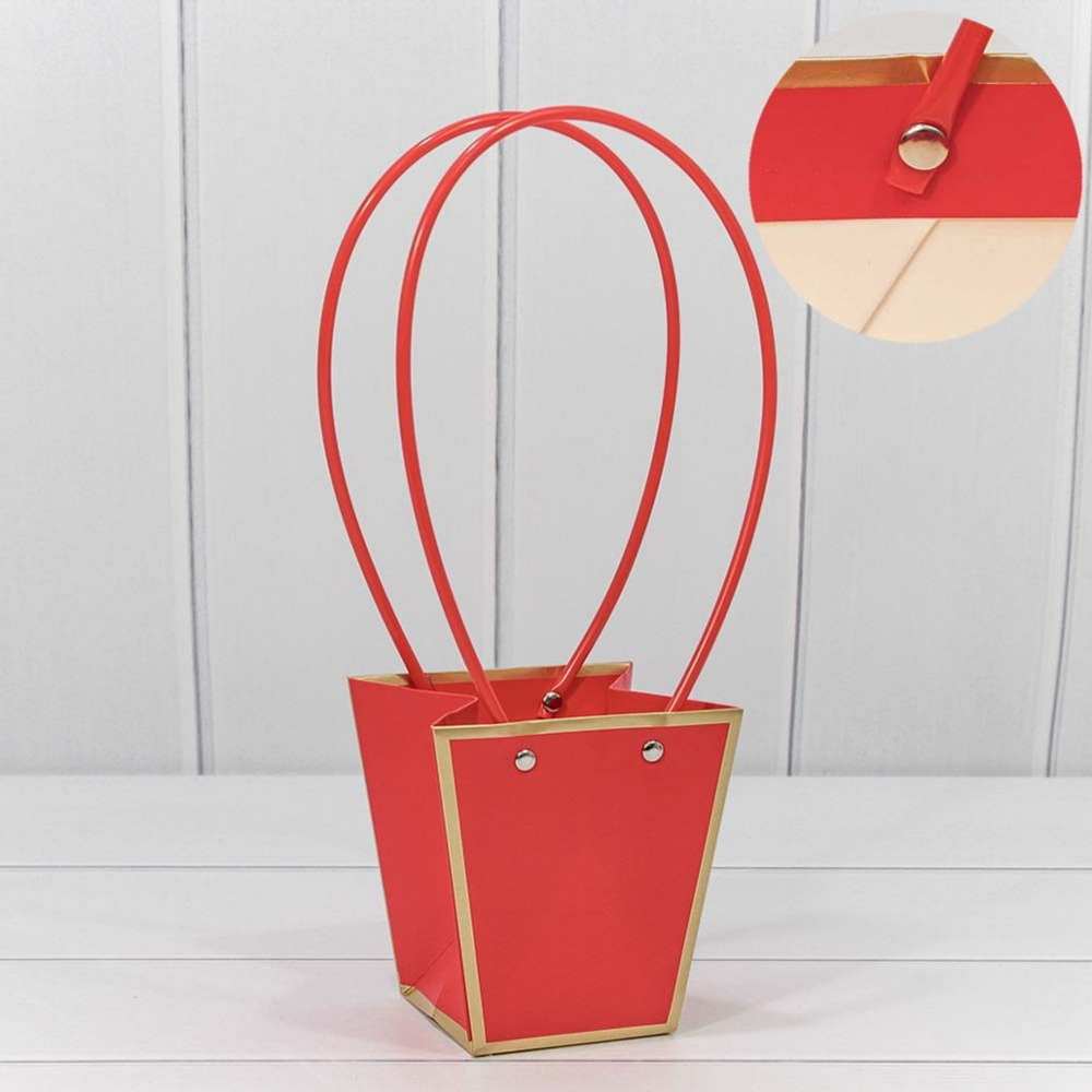 Пакет подарочный 12.5х12х8см Ваза для цветов с золотой рамкой (Красный)
