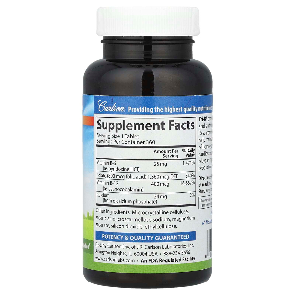 Carlson, Tri-B® с витаминами B6, B12 и фолиевой кислотой, 360 таблеток