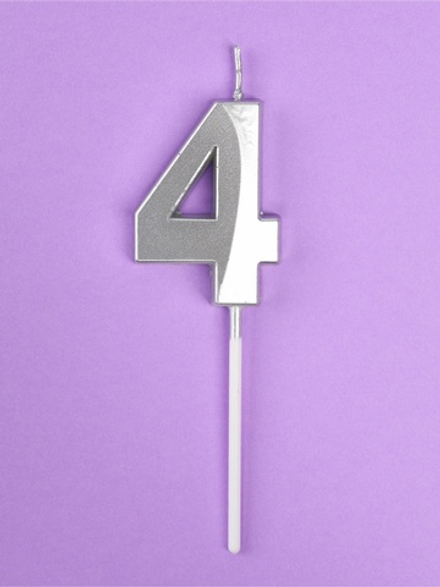 Свеча в торт на шпажке «Грань», цифра 4, серебро, 5 см